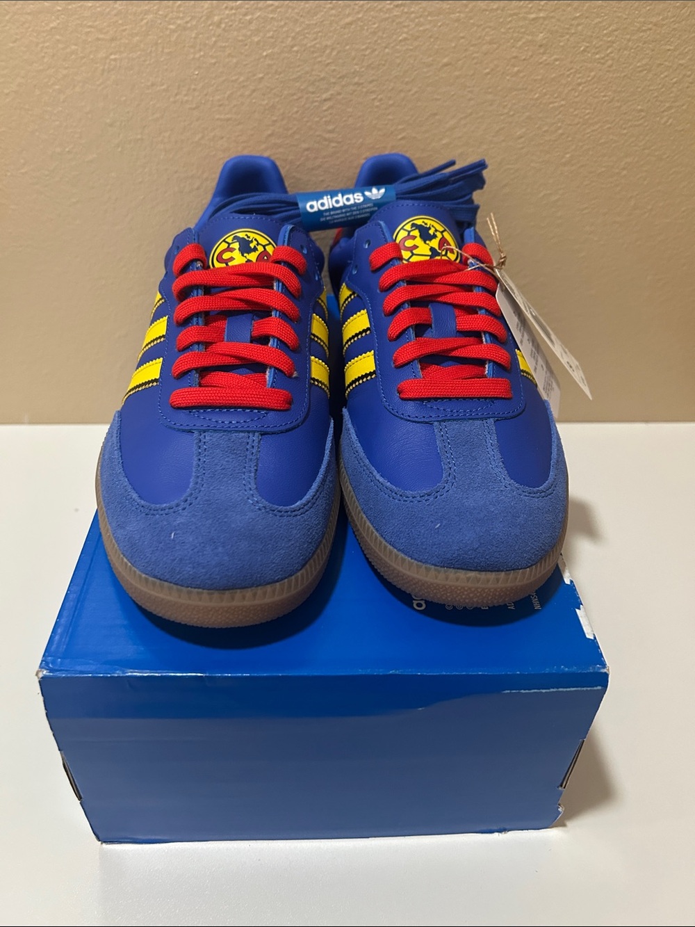 adidas sambas America Blue Sneakers with Yellow Stripes and Red Laces,